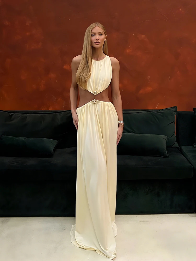 فساتين ماكسي نسائية بدون خصر من Kliou محب بسيط بدون أكمام ورقبة دائرية غمد مستقيم رداء نسائي فستان سهرة #3