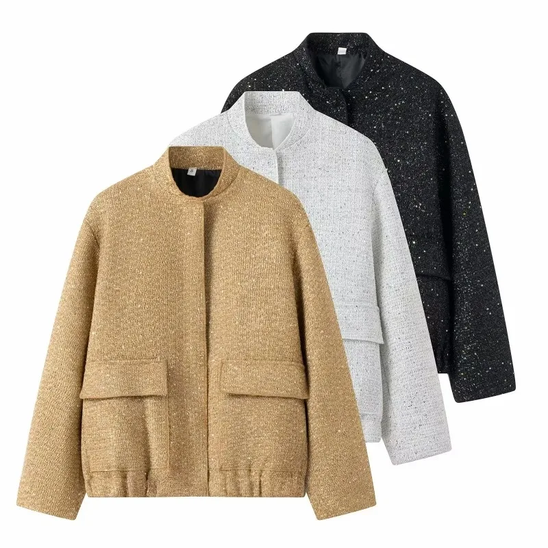 Women' Beaded Small Stand-up Collar Jacket Exquisite Commuting Temperament Simple Personality Casual Trend Fashionable Versatile