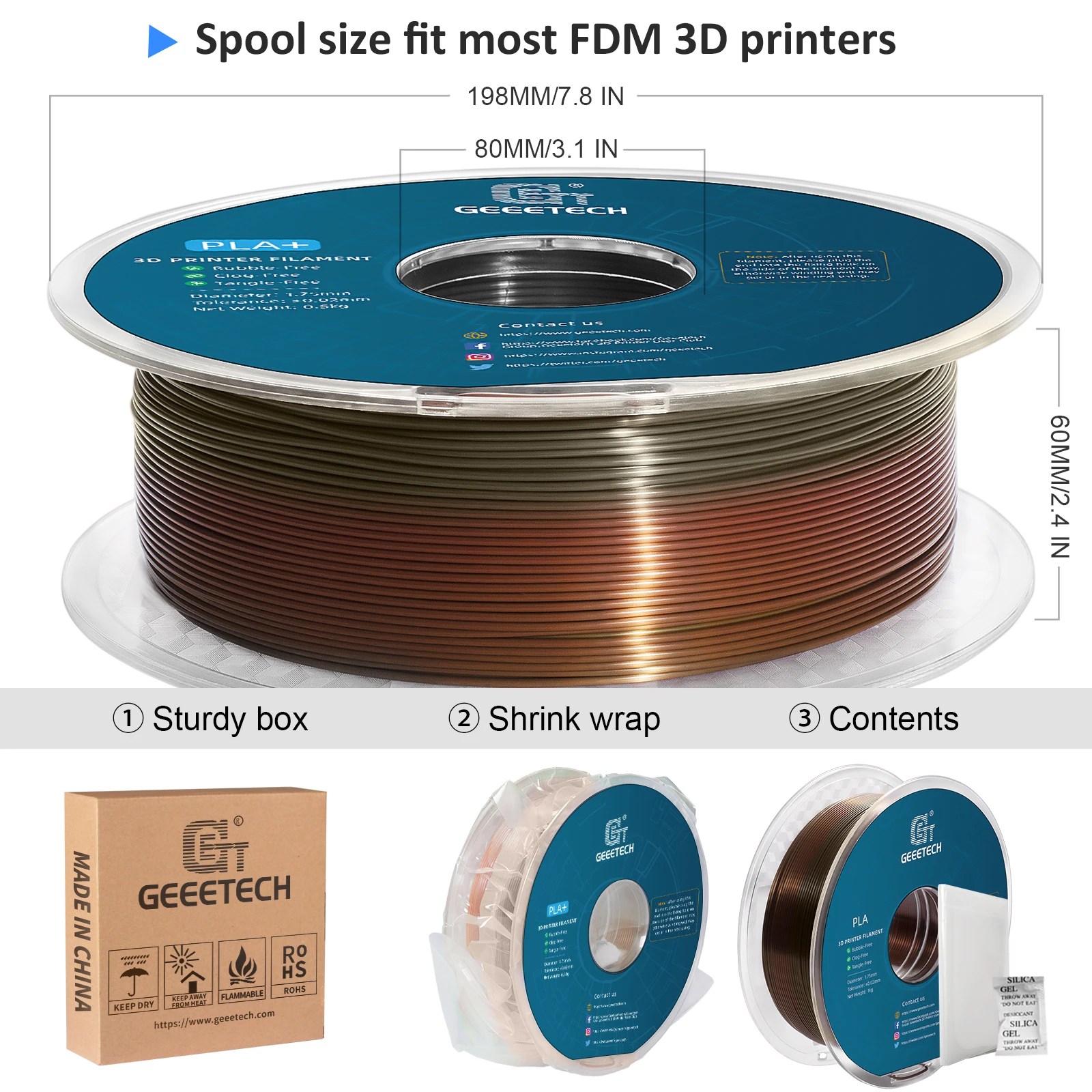 Imagem -05 - Geeetech 10kg Filamento Pla de Seda 3d 1.75 mm Fio de Carretel para Material de Impressora 3d Segurança Embalagem a Vácuo