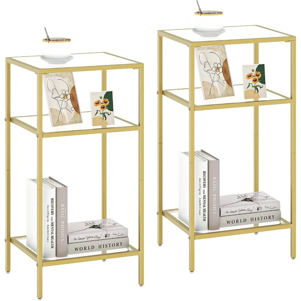 

3-Tier Side Table, Set of 2 End Tables with Tempered Glass, Nightstands with Storage Shelves, Slim Sofa Table