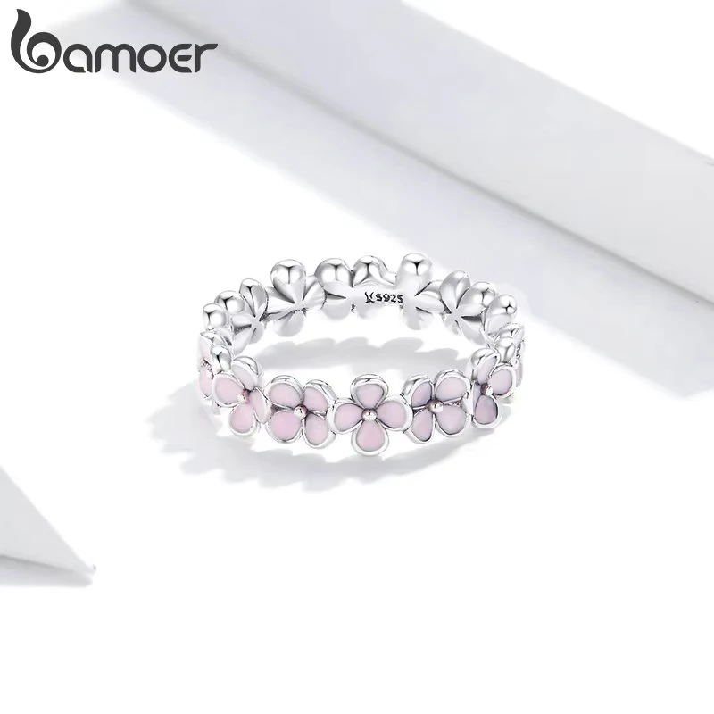 BAMOER cincin jari karangan bunga merah muda perak Sterling 925 untuk hadiah ulang tahun wanita hadiah Hari Valentine perhiasan halus romantis manis 3 warna