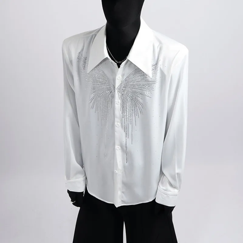 Men's Singer Stage Rhinestones Shirt Black White Long Sleeve Loose Casual Butterfly Pattern Shiny Shirts Nightclub Party Tops