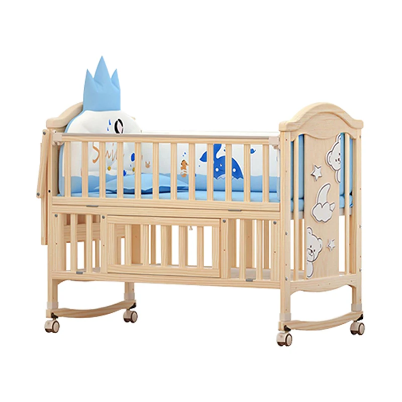 

Wholesale Unpainted Solid Pine Kid's Crib Nursery Bedroom Furniture Multifunctional Baby Cot Bed for Newborn