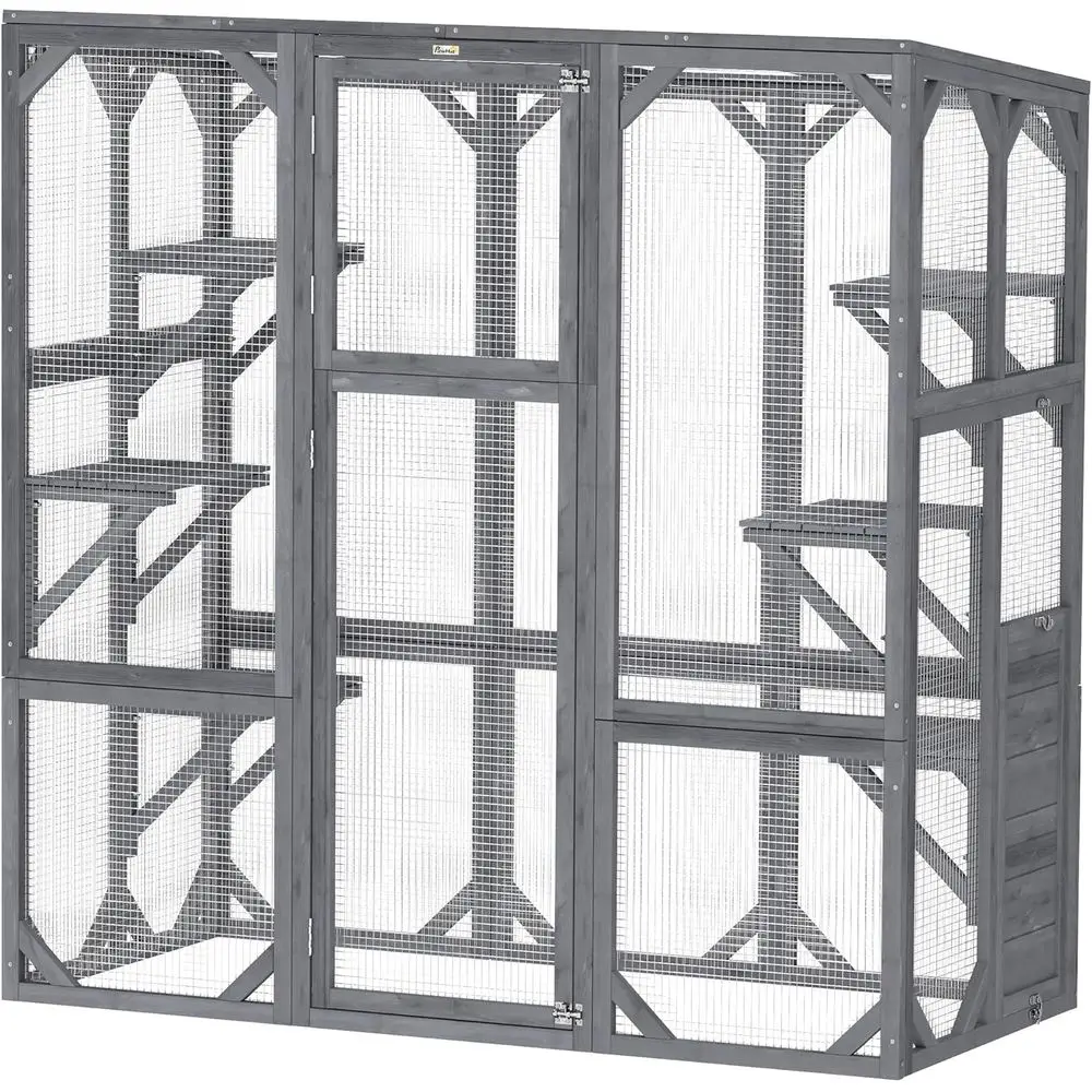 

Large Wooden Outdoor Cat Enclosure with 6 Jumping Platforms, Weatherproof, Suitable for 1-3 Cats, 59 x 28 x 60, Gray