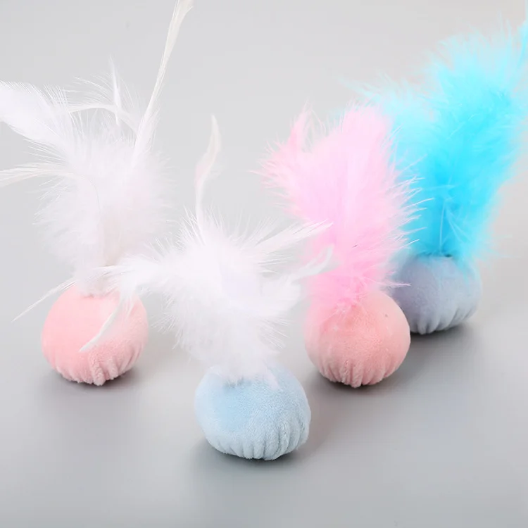 

Pet Cute Macaron Color Plush Ball with Feathers Interactive Self Fun and Soothing Cat Toy