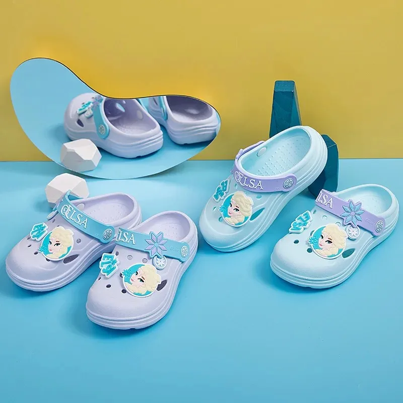 Disney Children\'s Casual Shoes Frozen Baby Indoor Home Anti slip Princess Elsa Cartoon Beach Blue EVA Summer Shoes Size 15-20