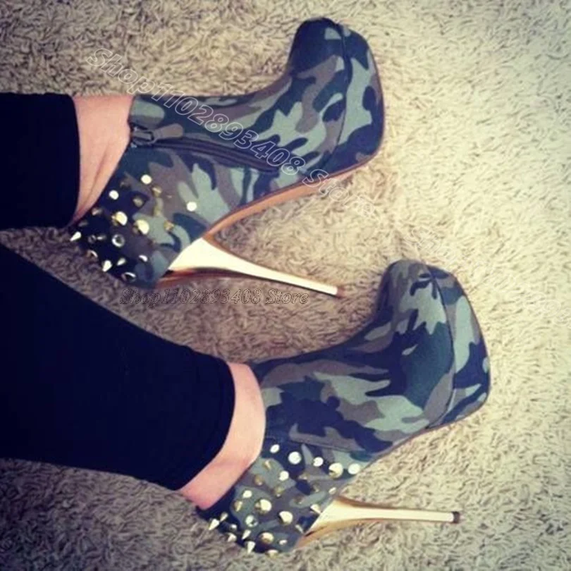 

Camouflage Rivet Round Toe Pumps Side Zipper Fashion British Style Design for Women Party Casual Pumps 2026 Zapatos Para Mujere