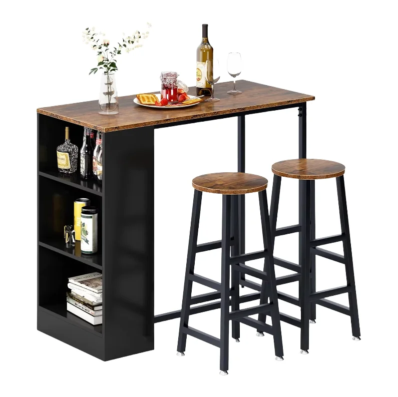 

Modern 3-Piece Pub Bar Table Set Wooden Counter Height Dining Table with 2 Stool Storage Shelves Home Kitchen Home Dining Room