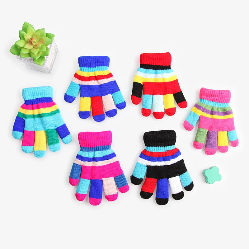 0-3 Years Toddler Kids Winter Warm Thicken Gloves Girls Boys Rainbow Color Children Knit Mittens Imitation Full Finger Gloves