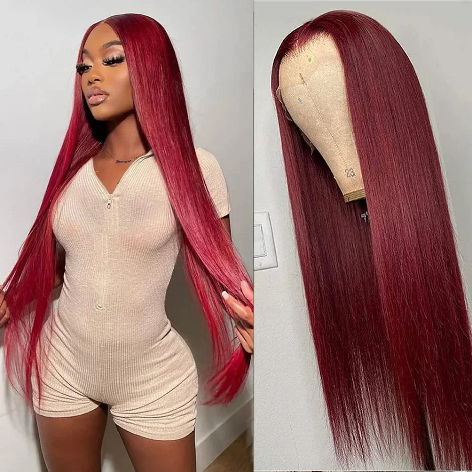 No Tangle 30 Inch Burgundy RED 13x4 Hd Lace Frontal Wig Straight Lace Front Wigs 99J Colored Human Hair Wig For Women Pre Pucked