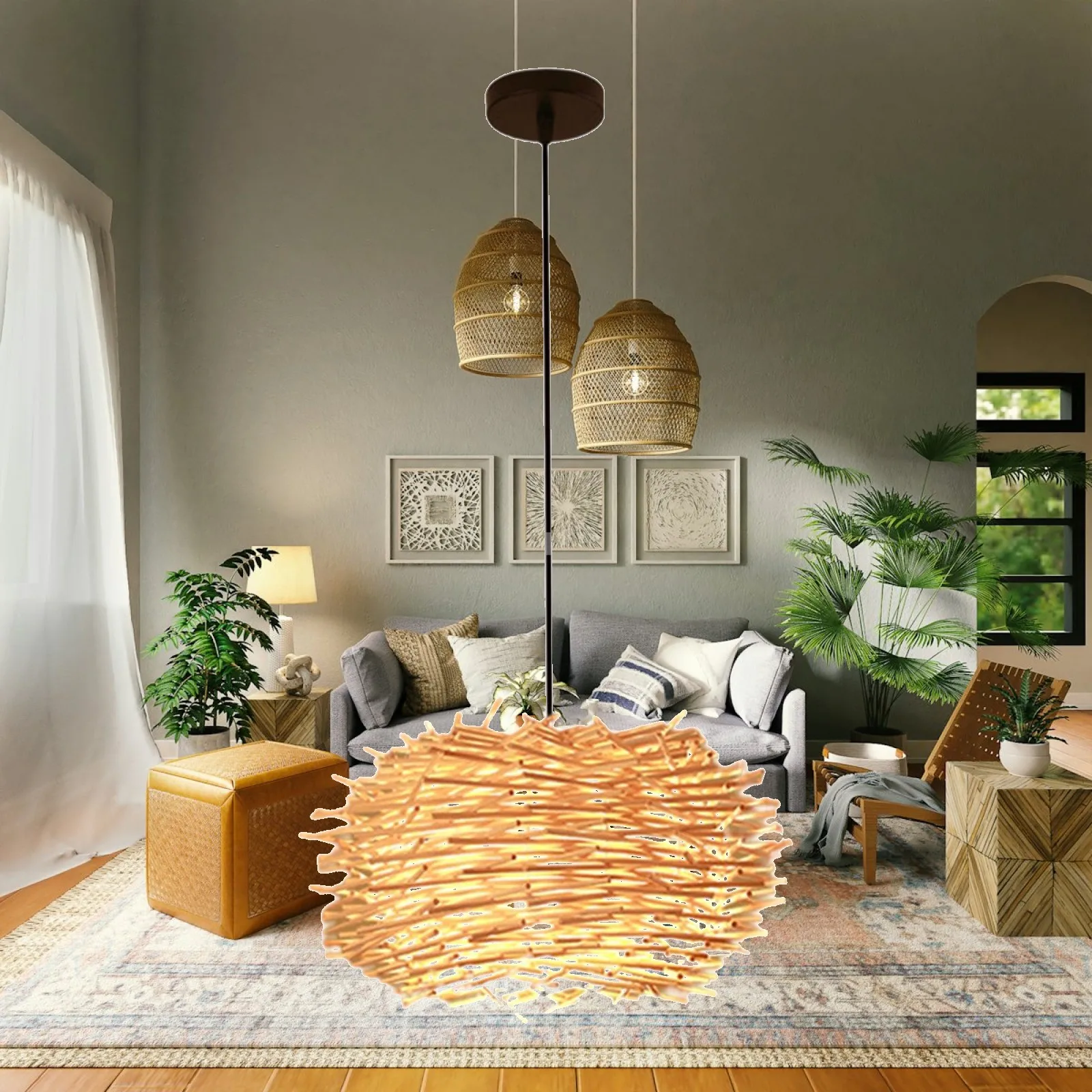 Wicker Pendant Shade - Wicker Ceiling Pendant Light for Kitchen