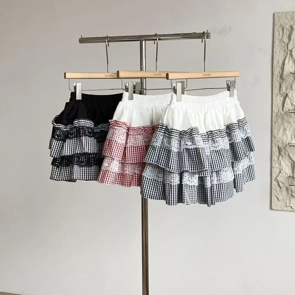 Falda de pastel de rejilla de encaje Lolita, Falda corta a cuadros a rayas de cintura alta JK, minifaldas plisadas de encaje con volantes multicapa para mujer