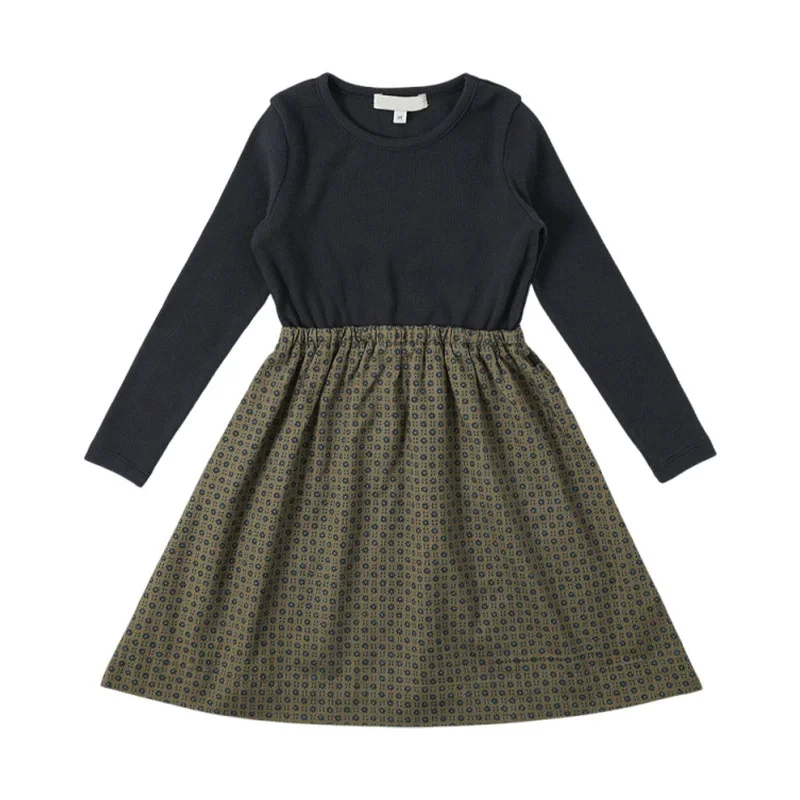 Autumn Winter New Girls' Cotton Retro Printed Long Sleeve Dress Medium Thickness Long Sleeve Basic Style Elegant Lady Dress