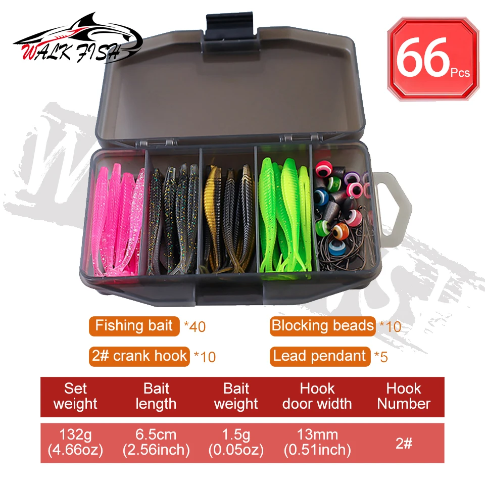 WALK FISH 66 Pieces/Set Soft Bait Fishing Lures Set Artificial Silicone Bait Metal Jig Head Hook With Box Japen Fish Equipment