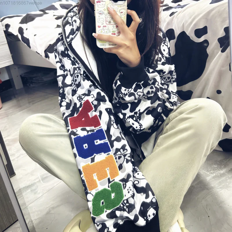 Sanrio Hello Kitty Fashion American Design 100% Cotton Print Camo Zipper Hooded Sweater For Women Men Y2k Oversize Loose Hoodie