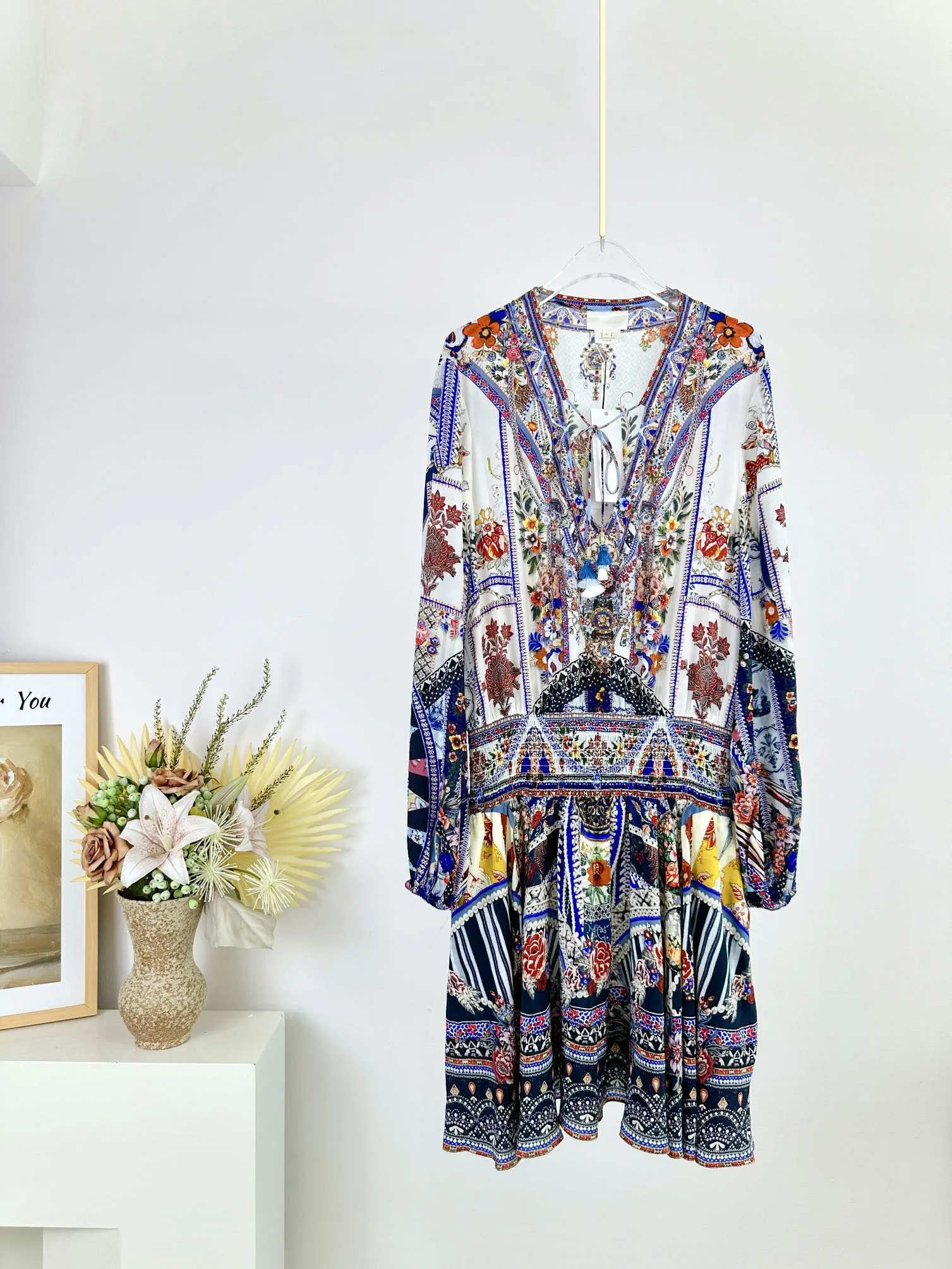 Women Vintage Flower Printed V-Neck Beaded Long Sleeve 100% Silk Elastic Waist Mini Dress