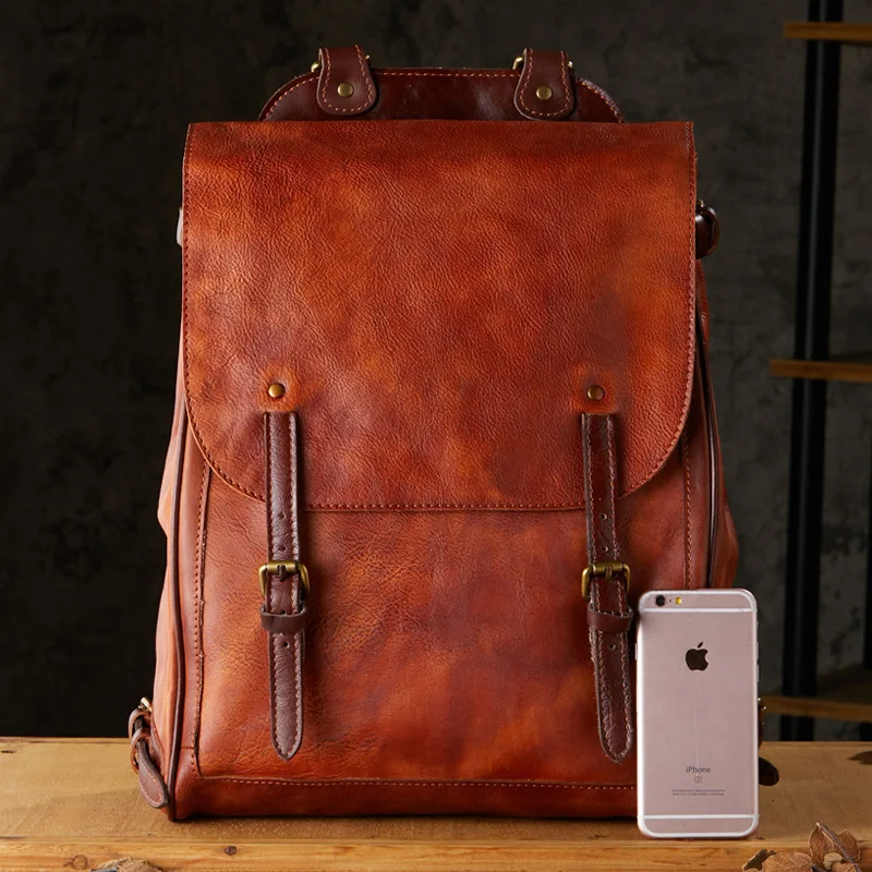 Retro Genuine Leather Men Backpack Vegetable Tanned Top Layer Cowhide Backpack Fashionable computer bag for 16 inch laptop