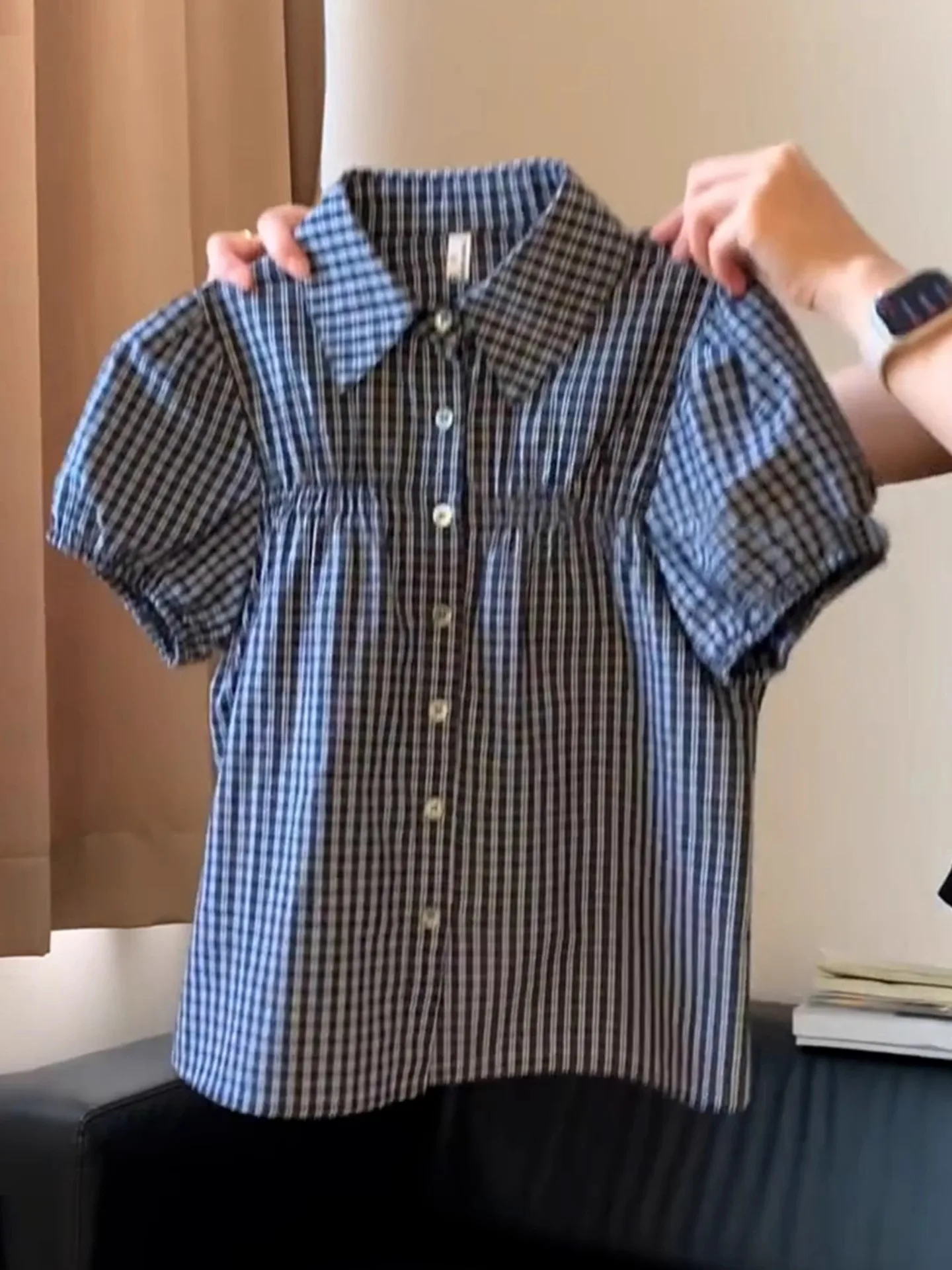 

Blue Plaid Collar Short Sleeve Doll Shirt Bubble Sleeve Regular Shoulder Women's Summer New Style Korean Fashion Loose Fit