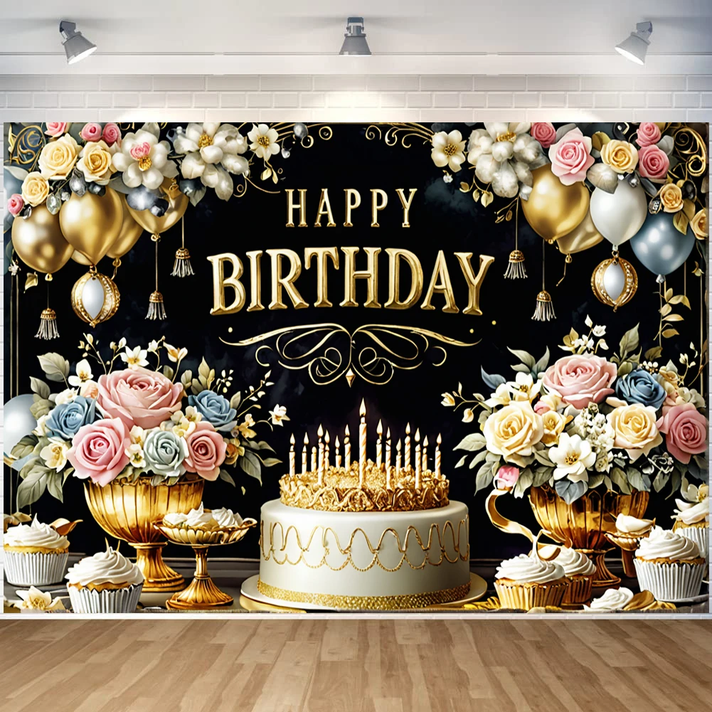 Happy Birthday Banner Birthday Party Decoration Backdrop Flower Cake Theme Bunting Flags Anniversary Party Decoration Supplies