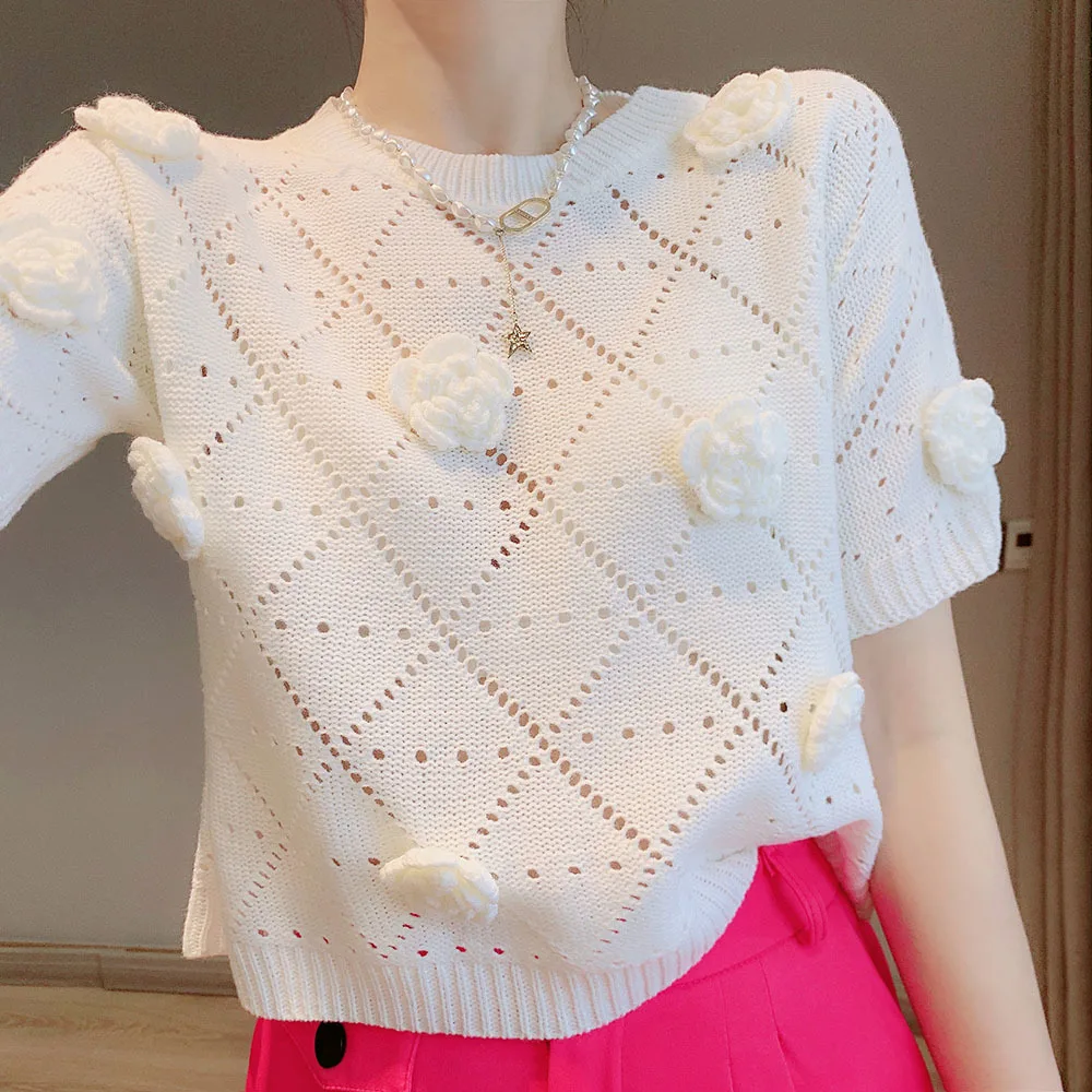 2022 T-Shirt estiva 3D fiore Patchwork maglione lavorato a maglia Crop top manica corta da donna scava fuori maglieria Pullover Pull Femme