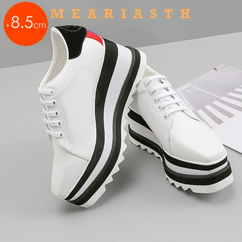 

8.5cm 2025 white Genuine Leather Summer lace up Chunky Sneakers Breathable Casual Platform Wedge Flat Women Autumn ladies shoes