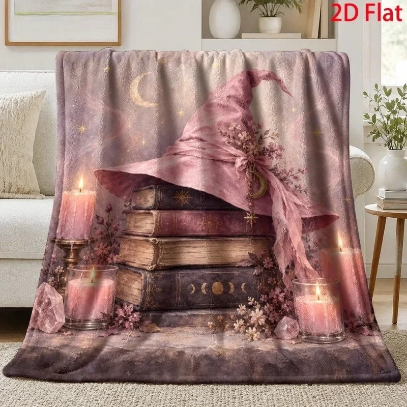 Flannel Throw Blanket Vintage Pink Witch Hat Magic Books Candle Moon Star Print Cozy Home Decor Bed Blanket