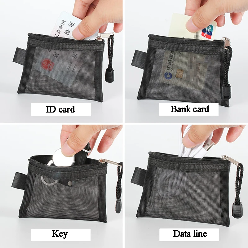 Mini Transparent Nylon Mesh Coin Bags Credit ID Card Organizer Portable Coin Purse Lipstick Earphone Data Line Key Storage Bag