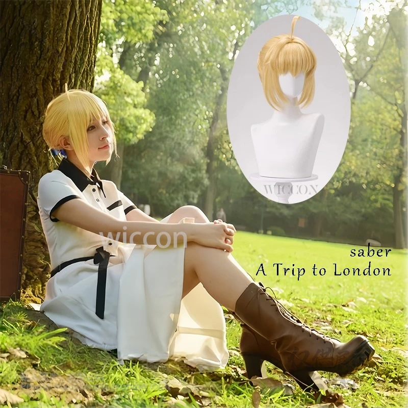 

Anime Saber Cosplay Costume London Trip White Dress Fancy Suit Yellow Short Wig Women Halloween Party New Customized XS-XL Cos