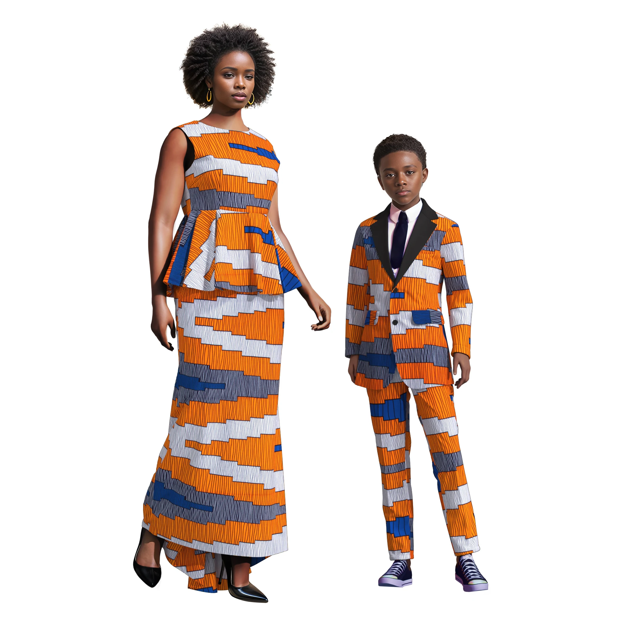 

African Mother Son Matching Outfits Women's Sleeveless Top Set and Boy's Wax Print Suit African Print Family for Events Wyq1115