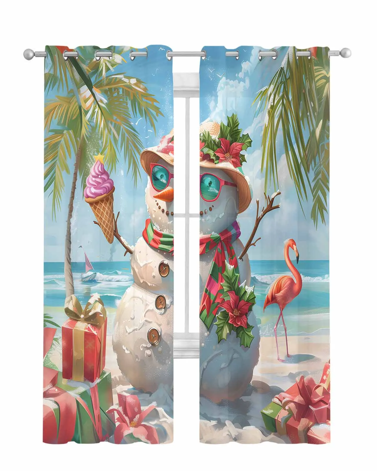 Christmas Snowman Flamingo Flower Ice Cream Curtain Tulle Curtains For Living Room Kitchen Window Treatments Voile Curtains