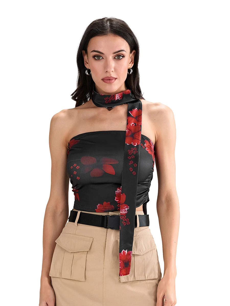 Women Crop Tube Tops Summer Floral Print Off-Shoulder Bandeau Backless Shirts and Scarf Set for Streetwear