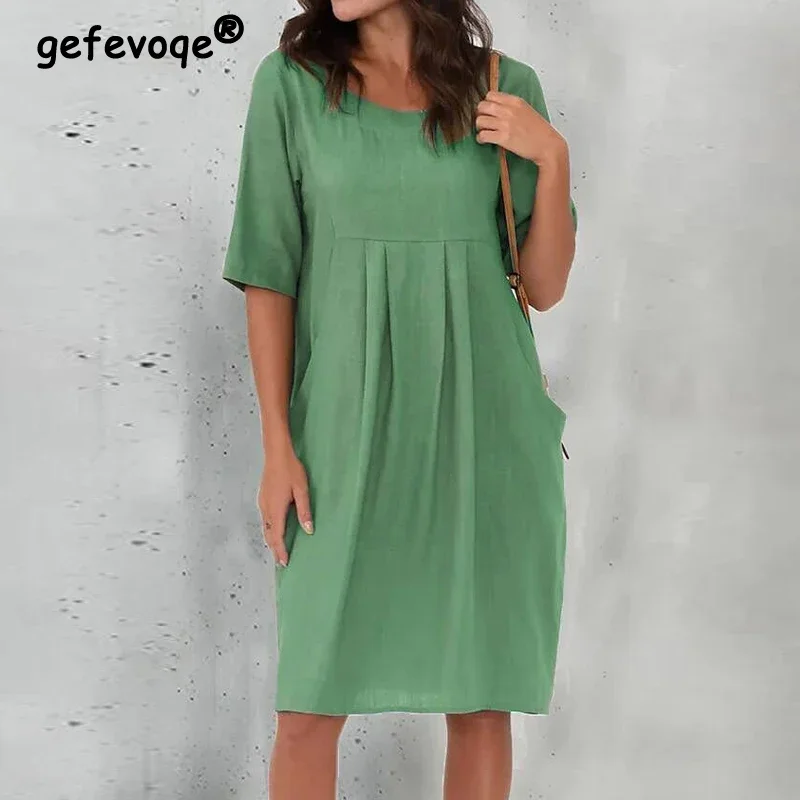 

Women Ruffled Solid Pockets Oversized Cotton Linen Midi Dress Summer Fashion O Neck Short Sleeve Casual Dresses Beach Robe 2023