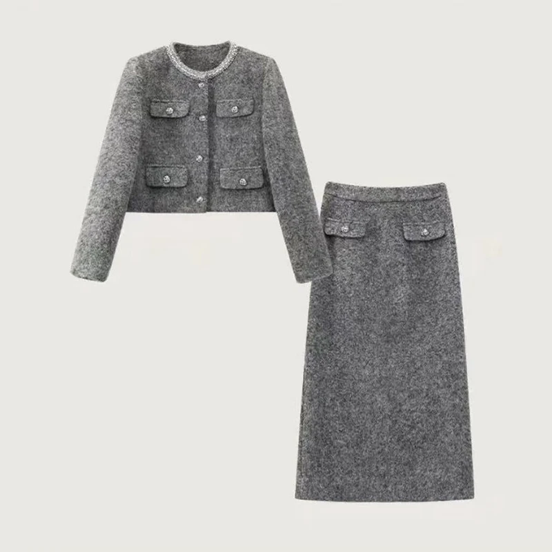 Autumn Spring New Thickened Warm Two Piece Skirt Set for Women Simple and Fashionable Versatile Coat With Long Skirt for Women