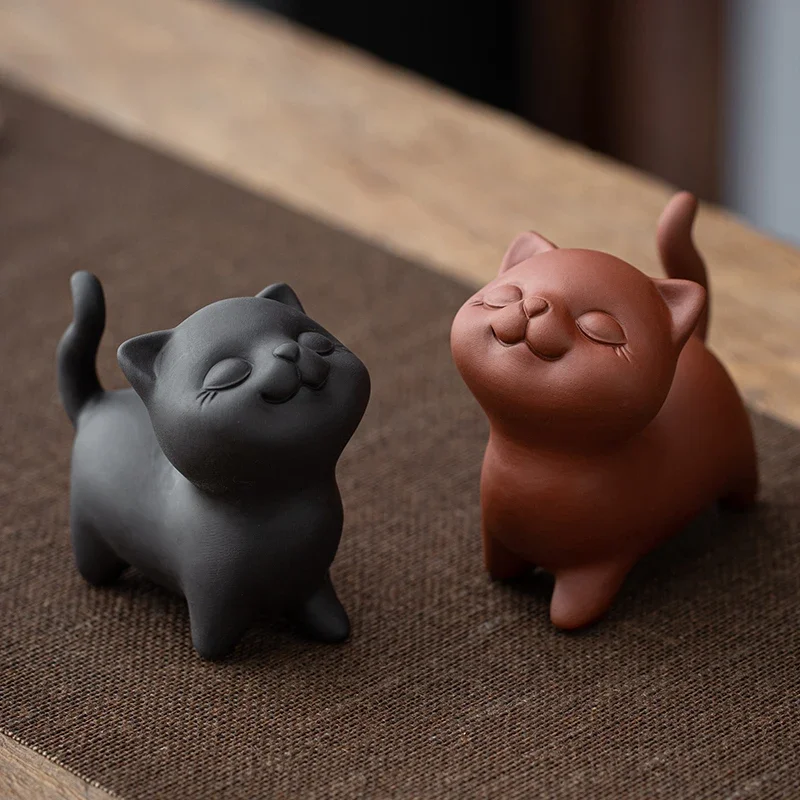 Chinese Purple Clay Tea Pet Good Luck Handmade Cat Animal Statue Ornaments Sculpture Crafts Tea Figurine Decoration Tea Set