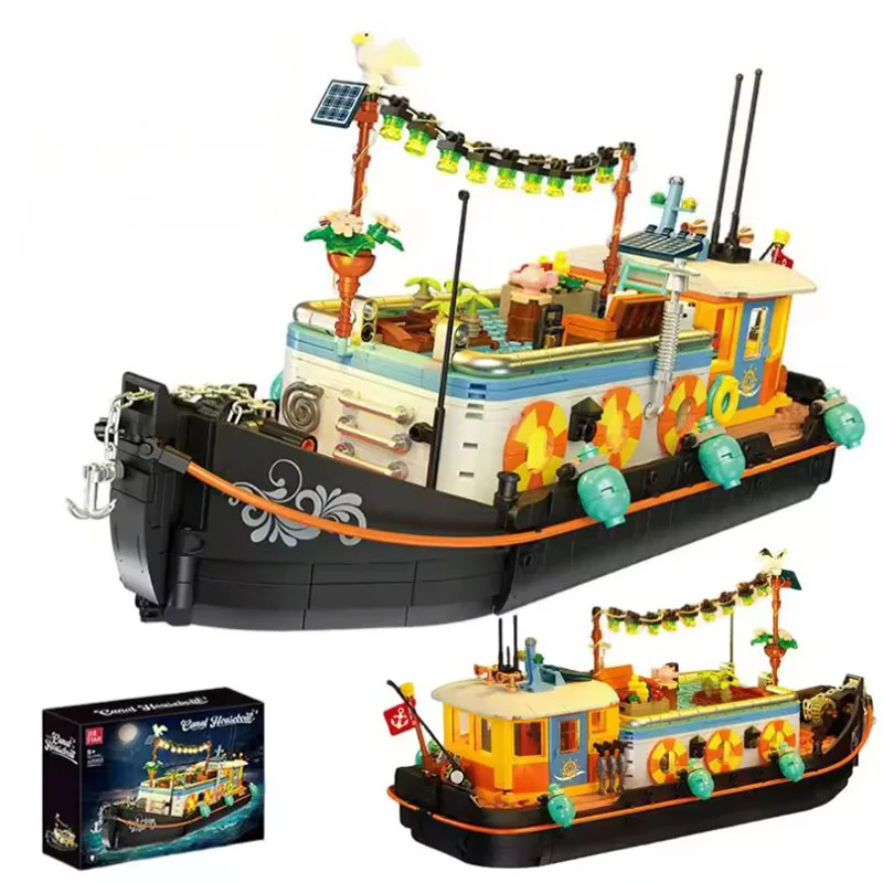 

Fishing Expert Ship Fisherman Shipbuilding Building Block LED Canal Boat House Boat Model Boy Assembling Educational Toys Gifts