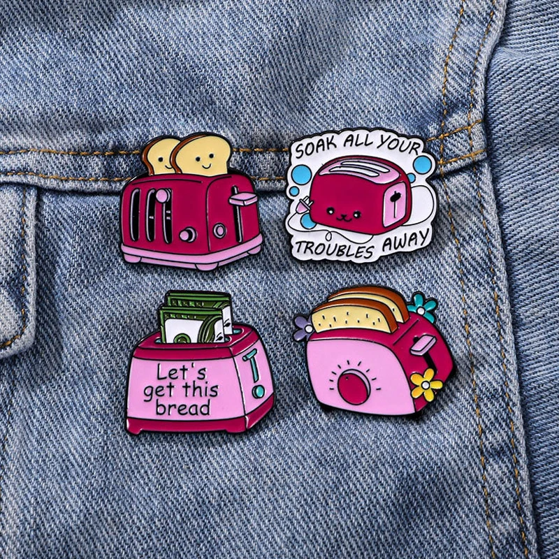 Cute Pink Bread Maker Brooch Money Make Girly Bread Hot Fix Trouble Away Get This Bread Flower Machine Badge Punk Pins jewelry