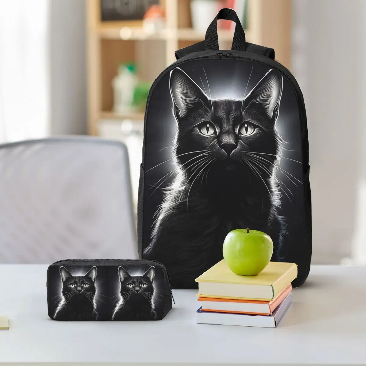 Frontal View Of A Beautiful Black Cat With Backlight Backpack Student BookBag School Bag Shoulder Bags 3ps Lunch Bag Pencil Case