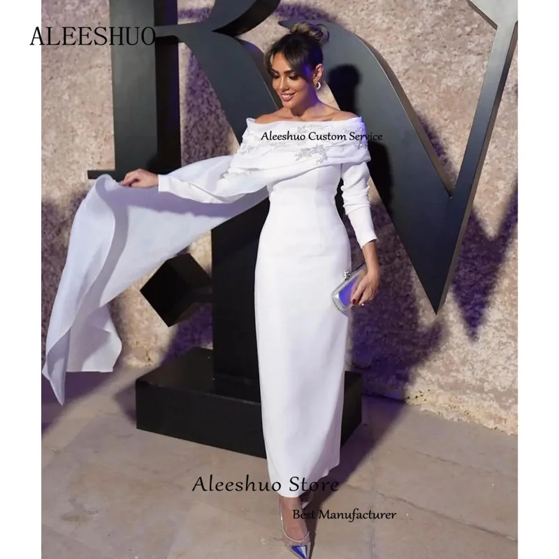 Aleeshuo-vestido de baile de cetim para as mulheres, vestido de noite reto com apliques, pescoço barco, manga comprida, plissado, comprimento do tornozelo, arábia saudita