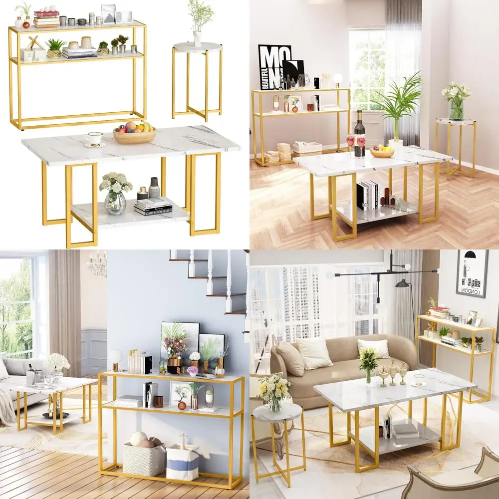 

Faux Marble White Coffee Table Set with 3-Tier End Table and Console Tables, Gold Metal Frame for Living Room