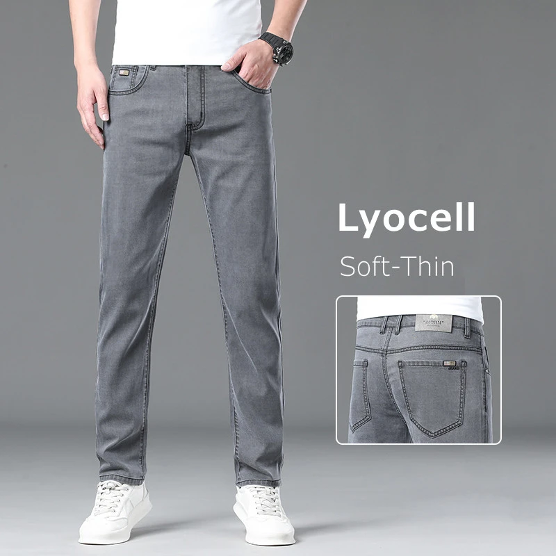 

Lyocell Spring Thin Jeans for Men Comfortable Fashion Mid-waist Straight Stretch Business Slim Male Denim Trousers