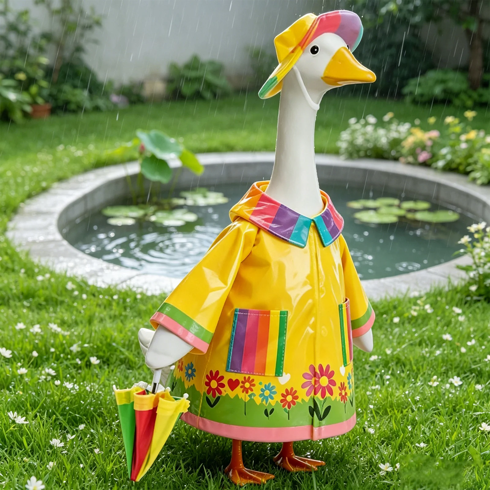 Porch Goose Outfits Lapel Print Raincoat with Umbrella And Hat for Outdoor Garden Yard Patio Decoration