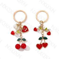 Cartoon Heart Cherry Red Enamel Keychain Preal Fruit Love Key Ring For Women Girls Friendship Gift Cute Handmade Jewelry Set
