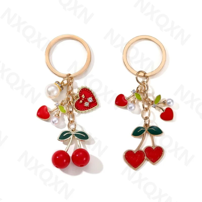 Cartoon Heart Cherry Red Enamel Keychain Preal Fruit Love Key Ring For Women Girls Friendship Gift Cute Handmade Jewelry Set