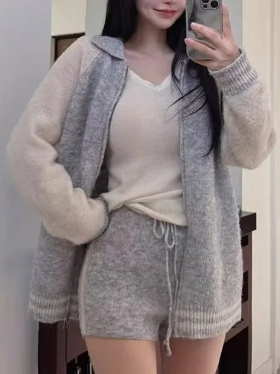 

Шикарный длинный бейсбольный свитер на молнии в стиле ретро, женский осенний модный универсальный вязаный комплект Ele Lady Sle