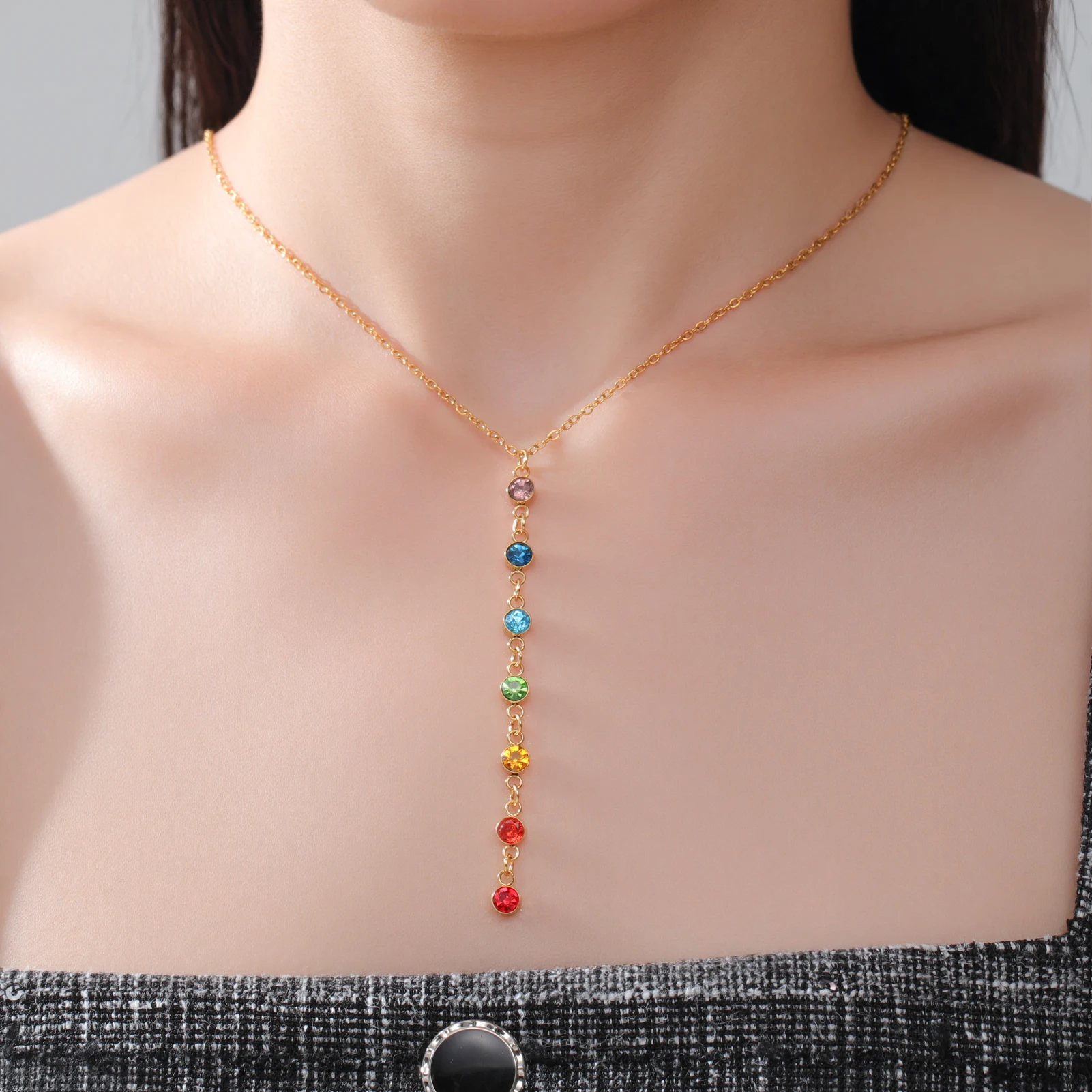 Skyrim Yoga 7-Chakra-Strass-Anhänger-Halsketten für Damen, Edelstahl, goldfarben, Pullover-Kette, Meditation, Energie, Schmuck, Geschenk