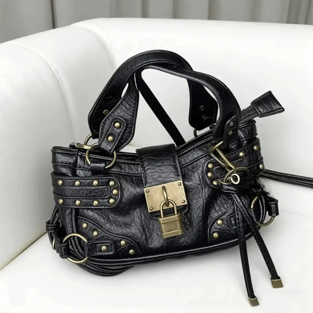 Trendy Punk Style Shoulder Bag PU Leather Lock Design Armpit Purse Retro Rivet Crossbody Bag for Women