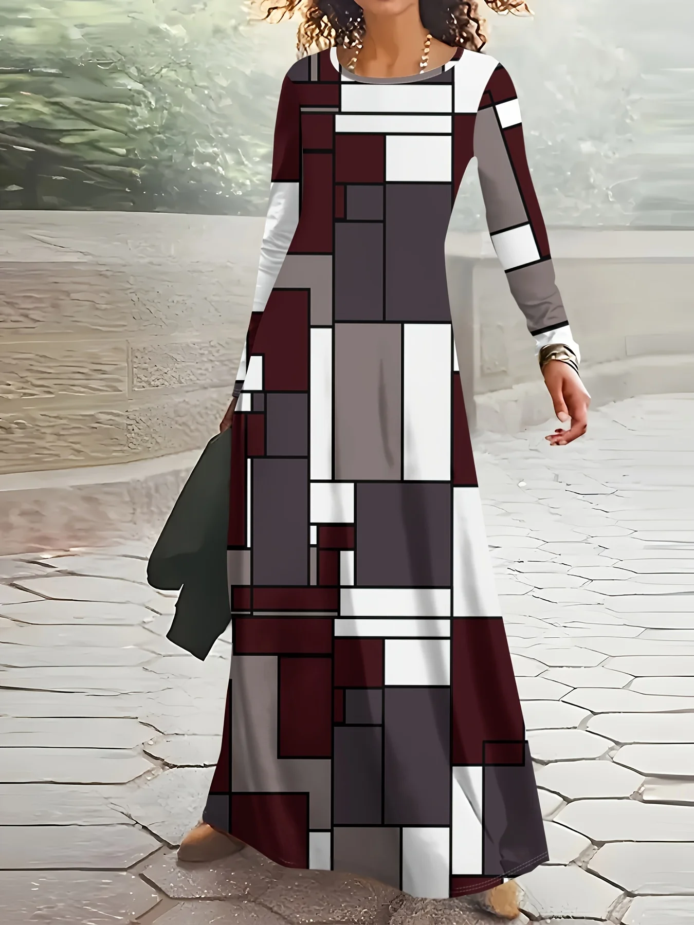 Langärmliges Kleid für Damen im Urlaubsstil mit geometrischem Farbblock-Print, A-Linien-Midikleid, lässiges Sommer- und Herbstmode-Outfit
