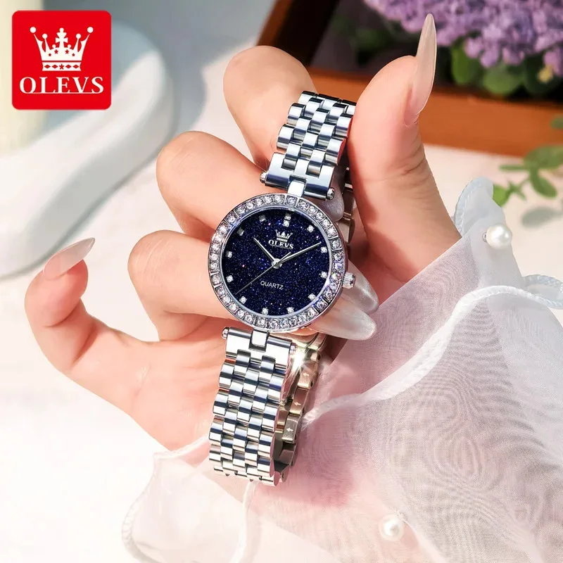 ساعة OLEVS 3641 أنيقة مقاومة للماء للسيدات كوارتز مضيئة من الفولاذ المقاوم للصدأ بمينا مرصعة بالنجوم مع صندوق هدايا - إكسسوار أزياء نسائي