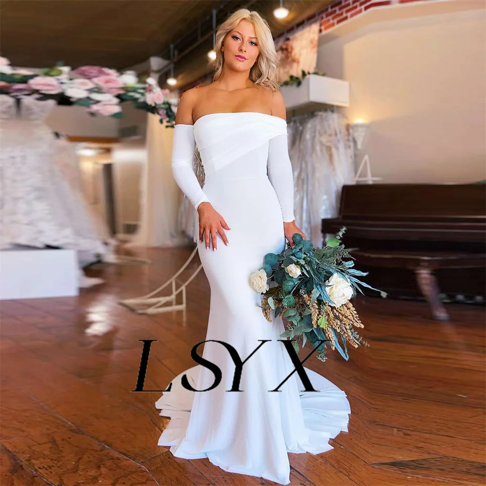 LSYX-vestido de novia plisado de crepé con hombros descubiertos, elegante vestido de novia de sirena con cremallera en la espalda, Simple tren de corte, hecho a medida, 2023