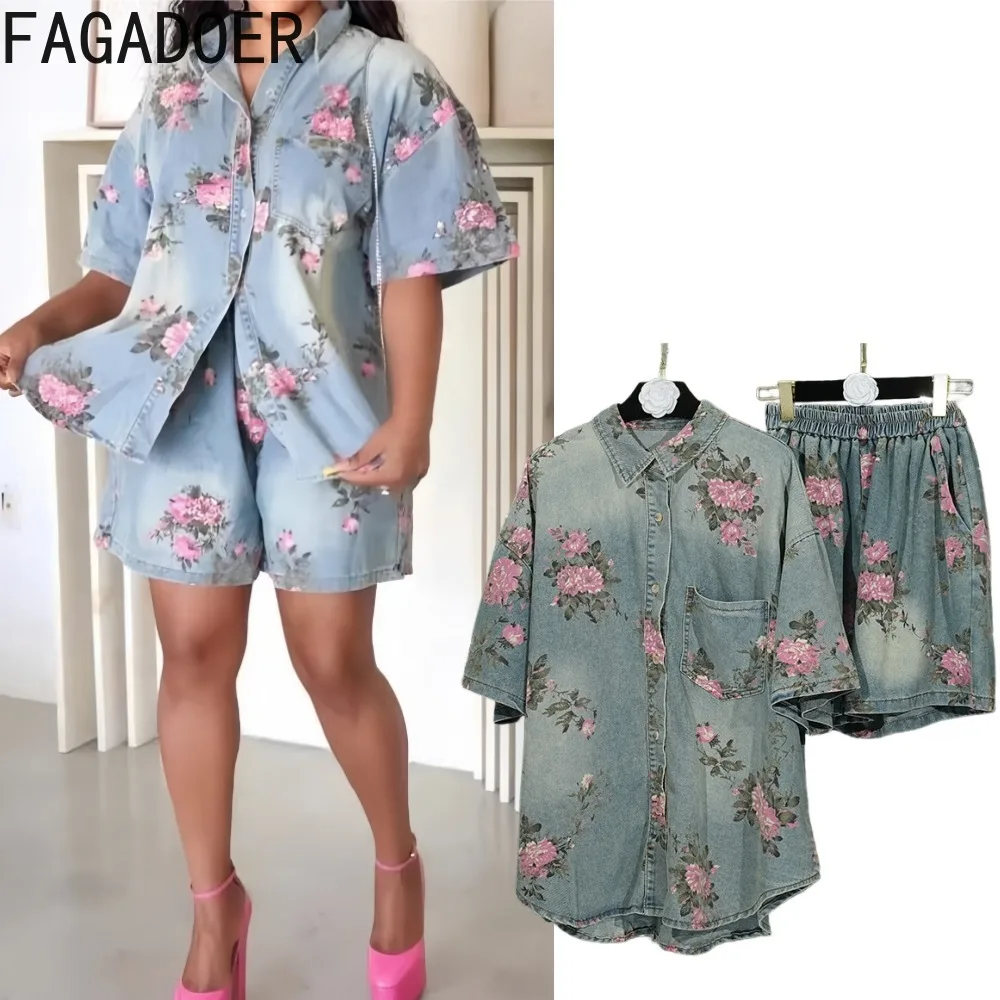 

FAGADOER Retro Fashion Floral Printting Denim Two Piece Outfits Woman Irregular Patchwork Jacket Top + Shorts Female Streetwear